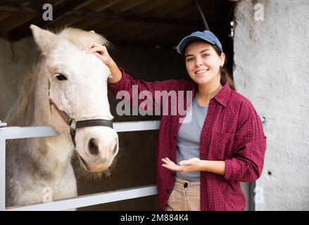 Eine Frau, die sich um Pferde kümmert Stockfoto