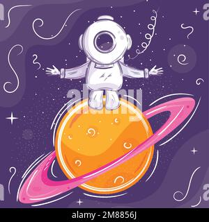 Kreidetafel-Skizze eines süßen Astronauten auf saturn Vector Stock Vektor