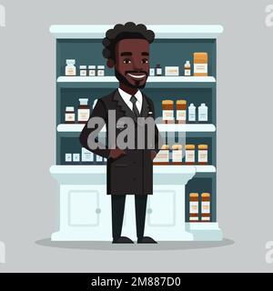 Vektordarstellung eines erwachsenen schwarzen Mannes, der einen Apotheker arbeitet, mit einem Regal von Drogerien im Hintergrund Stock Vektor