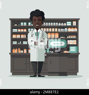 Vektordarstellung eines erwachsenen schwarzen Mannes, der einen Apotheker arbeitet, mit einem Regal von Drogerien im Hintergrund Stock Vektor