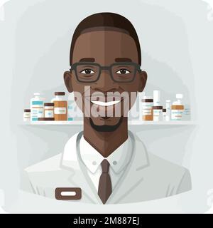 Vektordarstellung eines erwachsenen schwarzen Mannes, der einen Apotheker arbeitet, mit einem Regal von Drogerien im Hintergrund Stock Vektor