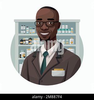Vektordarstellung eines erwachsenen schwarzen Mannes, der einen Apotheker arbeitet, mit einem Regal von Drogerien im Hintergrund Stock Vektor