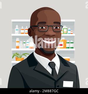 Vektordarstellung eines erwachsenen schwarzen Mannes, der einen Apotheker arbeitet, mit einem Regal von Drogerien im Hintergrund Stock Vektor