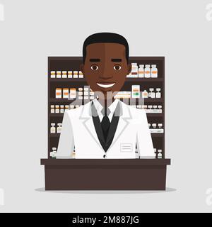 Vektordarstellung eines erwachsenen schwarzen Mannes, der einen Apotheker arbeitet, mit einem Regal von Drogerien im Hintergrund Stock Vektor