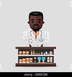 Vektordarstellung eines erwachsenen schwarzen Mannes, der einen Apotheker arbeitet, mit einem Regal von Drogerien im Hintergrund Stock Vektor