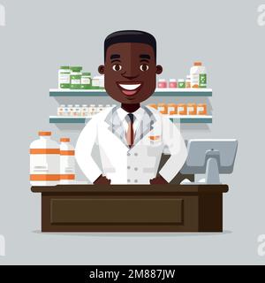 Vektordarstellung eines erwachsenen schwarzen Mannes, der einen Apotheker arbeitet, mit einem Regal von Drogerien im Hintergrund Stock Vektor