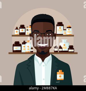 Vektordarstellung eines erwachsenen schwarzen Mannes, der einen Apotheker arbeitet, mit einem Regal von Drogerien im Hintergrund Stock Vektor