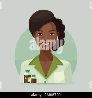 Vektordarstellung einer erwachsenen schwarzen Frau, die im Apothekerbetrieb arbeitet, mit einem Regal mit Medikamenten aus der Drogerie im Hintergrund Stock Vektor