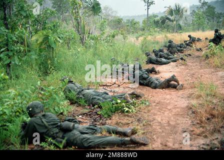 Mitglieder der 4. Mrd., 22. Inf., 25. Inf. Div (Licht) Behalten Sie während des gemeinsamen Royal Thai/U.S. eine Verteidigungsposition Armee-Übung Cobra Gold '87. Die Männer sind mit M-16-Gewehren bewaffnet. Betreff Operation/Serie: COBRA GOLD '87 Basis: Khorat Land: Thailand (THA) Stockfoto