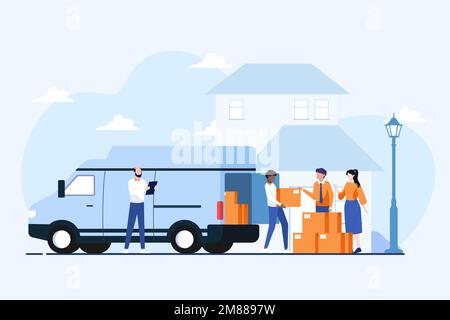 Neue Familie zieht in das neue Haus. Flache Darstellung für Unternehmen. Kann auch für Web- und Anwendungsdarstellungen verwendet werden. Stock Vektor