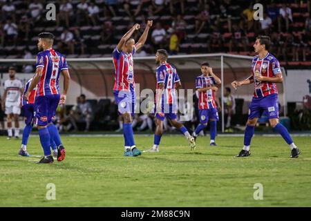 Recife, Brasilien. 12. Januar 2023. PE - Recife - 01/12/2023 - PERNAMBUCANCO 2023, SANTA CRUZ X AFOGADOS - Afogados-Spieler Venicius feiert sein Tor bei einem Spiel gegen Santa Cruz im Arruda-Stadion für die Pernambucano-Meisterschaft 2023. Foto: Rafael Vieira/AGIF/Sipa USA Kredit: SIPA USA/Alamy Live News Stockfoto