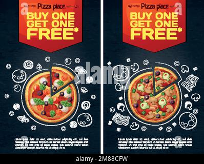 Werbung für Fastfood-Flyer mit Pizza-Symbol auf vertikalem Hintergrund Stock Vektor