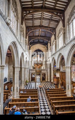 Das Innere der Universitätskirche St. Mary die Jungfrau in Oxford, das Schiff aus östlicher Richtung von der Galerie aus gesehen, mit Blick auf die Kirche Stockfoto