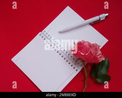 Rosafarbene Rosenblume und offenes Notizbuch auf magentafarbenem Hintergrund Stockfoto