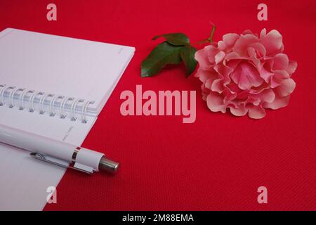 Rosafarbene Rosenblume und offenes Notizbuch auf magentafarbenem Hintergrund Stockfoto