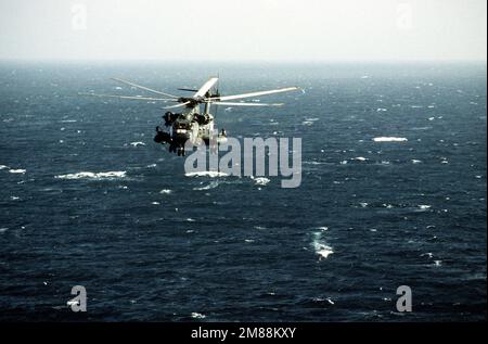 Ein RH-53D Sea Hallion Helikopter des Mine Countermeasures Squadron 14 (HM-14) Helikopter führt Minenräumoperationen durch. Land: Golf Von Oman Stockfoto