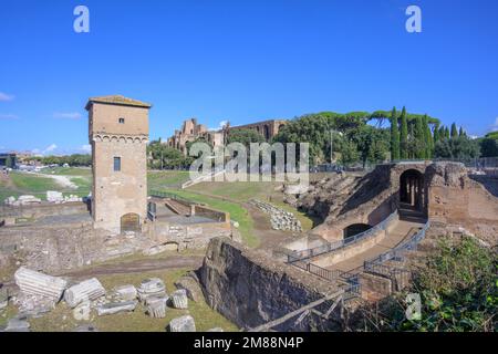 Blick auf den Circus Maximus mit Torre di Moletta, Rom, Italien Stockfoto