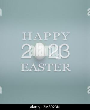 Frohe Ostergrüße mit einem echten Ei, das die Zahl 2023 vor einem dunkelgrünen Hintergrund zeigt Stockfoto
