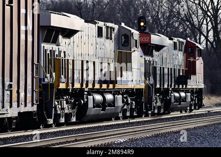 Hoffman Estates, Illinois, USA. Die Lokomotiven der Canadian National Railway führen einen Güterzug durch einen ländlichen Abschnitt im Nordosten von Illinois. Stockfoto