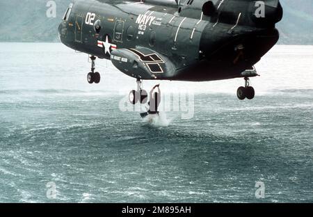 EIN US-AMERIKANISCHER Ein Mitglied des Navy Sea-Air-Land (SEAL)-Teams fällt während des taktischen Kriegstrainings aus einem schwebenden Helicopter Combat Support Squadron 3 (HC-3) CCH-46 Sea Knight Helikopter ins Wasser. Die Einführtechnik wird als „helo-Schwimmer-Gips“ bezeichnet. Basis: Marinestützpunkt, Subic Bay Staat: Luzon Land: Philippinen (PHL) Stockfoto