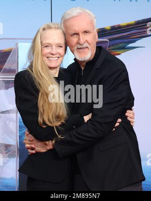 Hollywood, Ca. 12. Januar 2023. James Cameron und Suzy Amis Cameron bei der Hand- und Fußabdruck-Zeremonie von James Cameron und Jon Landau zur Feier von Avatar: The Way of Water im TCL Chinese Theater in Hollywood, Kalifornien, am 12. Januar 2023. Kredit: Faye Sadou/Media Punch/Alamy Live News Stockfoto