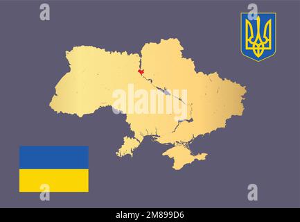 Goldene Karte der Ukraine mit Flüssen und Seen, Wappen der Ukraine und Flagge der Ukraine. Bitte sehen Sie sich meine anderen Bilder der Kartografieserie an - die Stock Vektor