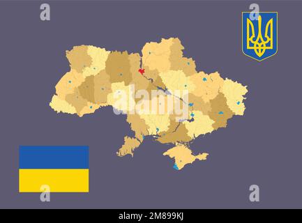 Karte der Ukraine mit Oblasten und kleinen Karten ihrer Verwaltungszentren (in Blau), Wappen der Ukraine und Flagge der Ukraine. Flüsse und Seen A Stock Vektor