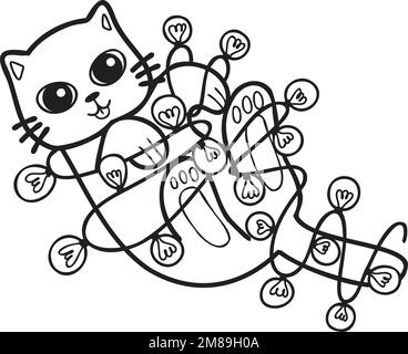 Handgezogene Katze, die mit einer Glühbirne spielt, Darstellung im Doodle-Stil, isoliert im Hintergrund Stock Vektor