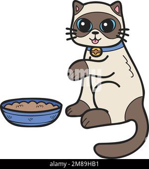 Handgezogene Katze, die Futter isst, Illustration im Doodle-Stil, isoliert im Hintergrund Stock Vektor