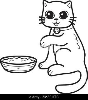 Handgezogene Katze, die Futter isst, Illustration im Doodle-Stil, isoliert im Hintergrund Stock Vektor