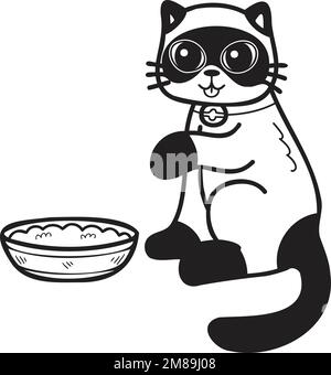 Handgezogene Katze, die Futter isst, Illustration im Doodle-Stil, isoliert im Hintergrund Stock Vektor