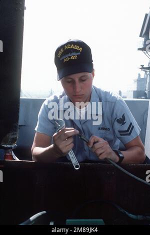 Ein weibliches Besatzungsmitglied stellt ein Kabel an Bord der Zerstörer USS ACADIA (AD-42) bereit. Land: Unbekannt Stockfoto