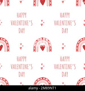 Nahtloses Muster am Valentinstag mit Regenbogen und Herzen. Süßer romantischer Hintergrund im Bo-Ho-Stil. Kindliche Vektordarstellung für Poster, Textil Stock Vektor