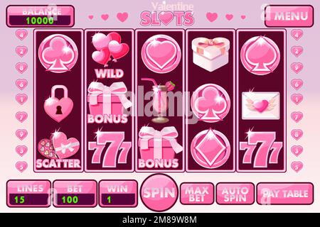 Schnittstellensteckplatz, maschinell, St. Valentinstag. Vollständiges Menü der grafischen Benutzeroberfläche und vollständiges Set von Schaltflächen und Symbolen Stock Vektor