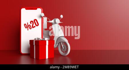 20 % Rabatt beim Online-Shopping auf dem Bildschirm des Mobiltelefons, viele wunderschön verpackte Geschenkkartons und eine Anwendung für die Lieferung von Rollern auf hellrotem Hintergrund Stockfoto