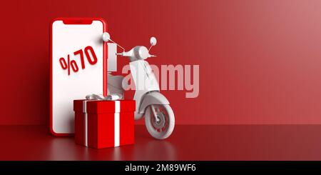 70 % Rabatt beim Online-Shopping auf dem Bildschirm des Mobiltelefons, viele wunderschön verpackte Geschenkkartons und eine Anwendung für die Lieferung von Rollern auf hellrotem Hintergrund Stockfoto