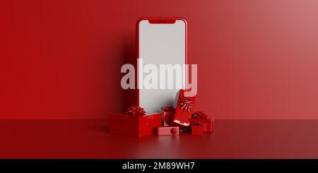 Leerer Mobiltelefonbildschirm für Online-Bestellungen und schöne Geschenkboxen auf hellem roten Hintergrund, Kopierbereich. 3D-Rendern. Stockfoto