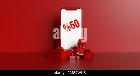 50 % Rabatt beim Online-Shopping auf dem Bildschirm eines Mobiltelefons, wunderschöne Geschenkboxen auf hellem roten Hintergrund, Kopierbereich. 3D-Rendern. Marketingvorlage Stockfoto