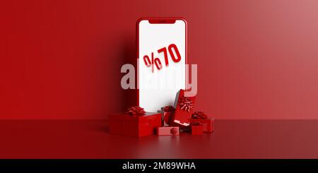 70 % Rabatt beim Online-Shopping auf dem Bildschirm eines Mobiltelefons für virtuelle, wunderschön verpackte Geschenkboxen, hellroter Hintergrund, Kopierbereich. 3D-Rendern. Stockfoto