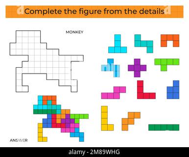 Vervollständigen Sie die Abbildung. Puzzle-Spiel mit Affen. Stock Vektor