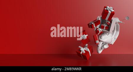 Schneller Online-Shopping Roller Transport Service, Lieferung schöne Geschenkboxen, auf rotem Hintergrund, Kopierbereich. Design zum Valentinstag Stockfoto