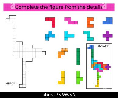 Vervollständigen Sie die Abbildung. Puzzle-Spiel mit Reiher. Stock Vektor