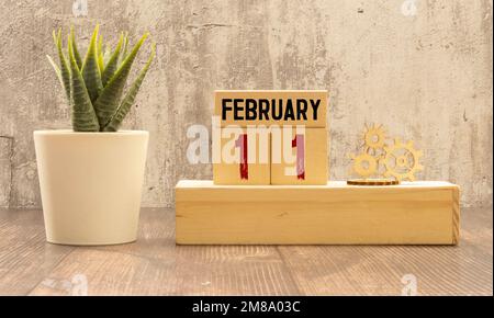 Im Februar 11 wurden hölzerne Buchstabenblöcke auf weißem Hintergrund mit Platz für Drucke ausgestellt. Stockfoto