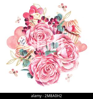 Romantische Komposition aus rosa Rosen, berris, goldenen Zweigen und Schmetterlingen auf weißem Hintergrund. Aquarelldarstellung. Stockfoto