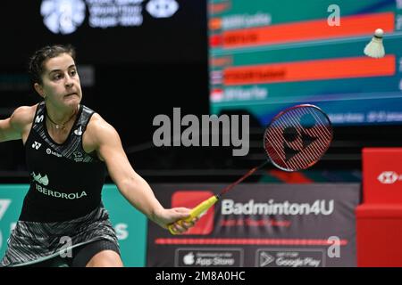 Kuala Lumpur, Malaysia. 13. Januar 2023. Spaniens Carolina Marin tritt beim Viertelfinale der Frauen gegen Chen Yufei in China bei den Malaysia Open 2023 in Kuala Lumpur, Malaysia, am 13. Januar 2023 an. Kredit: Chong Voon Chung/Xinhua/Alamy Live News Stockfoto