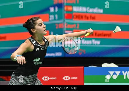 Kuala Lumpur, Malaysia. 13. Januar 2023. Spaniens Carolina Marin tritt beim Viertelfinale der Frauen gegen Chen Yufei in China bei den Malaysia Open 2023 in Kuala Lumpur, Malaysia, am 13. Januar 2023 an. Kredit: Chong Voon Chung/Xinhua/Alamy Live News Stockfoto