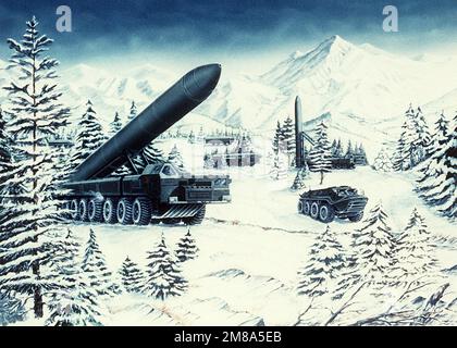 Ein künstlerisches Konzept einer sowjetischen SS-25 Interkontinentalrakete auf einem mobilen Raketenwerfer. Land: Unbekannt Stockfoto