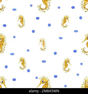 Wasserfarbenes nahtloses Unterwassermuster von Seepferdchen auf weißem Hintergrund. Drucken für Design, Muster, Banner, Hintergrund, Menüs, Souvenirs, Einrichtung Stockfoto