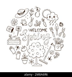 Handgezeichneter saisonaler Hintergrund mit Gartenelementen. Gartengeräte, Pflanzen und Blumen. Doodle-Vektordarstellung mit isolierten Elementen. Stock Vektor
