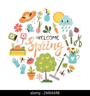 Handgezeichneter saisonaler Hintergrund mit Gartenelementen. Gartengeräte, Pflanzen und Blumen. Farbenfrohe Vektordarstellung mit isolierten Elementen. Stock Vektor